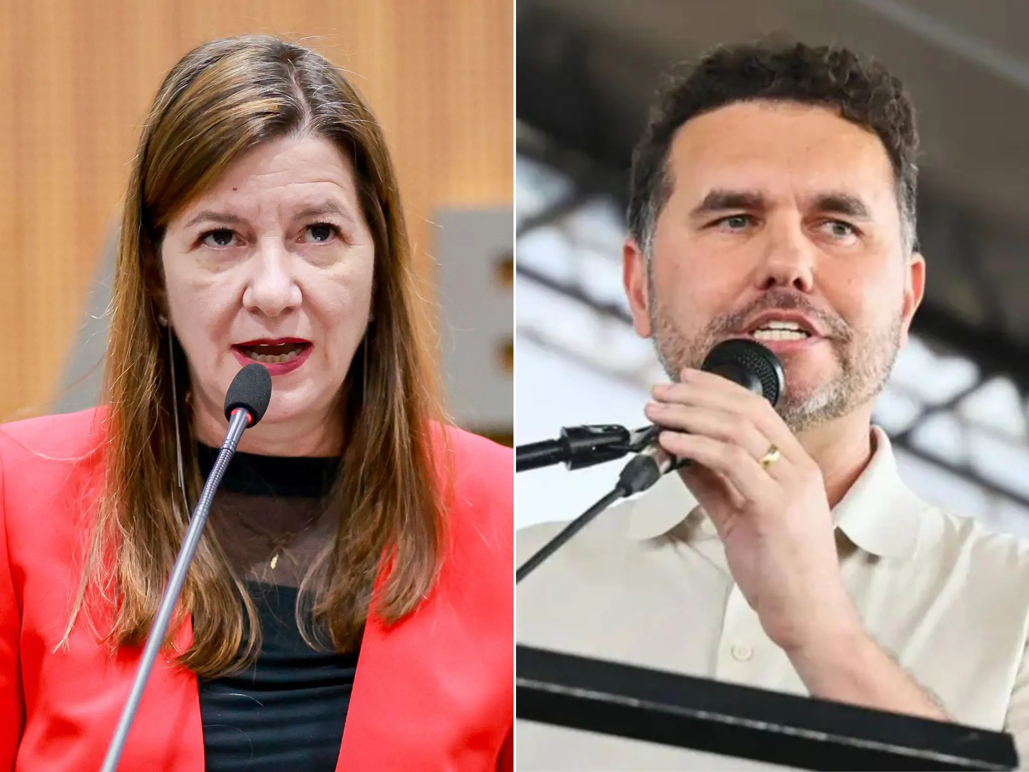 Fotos de Lia Gomes e Moses Rodrigues durante pronunciamentos.