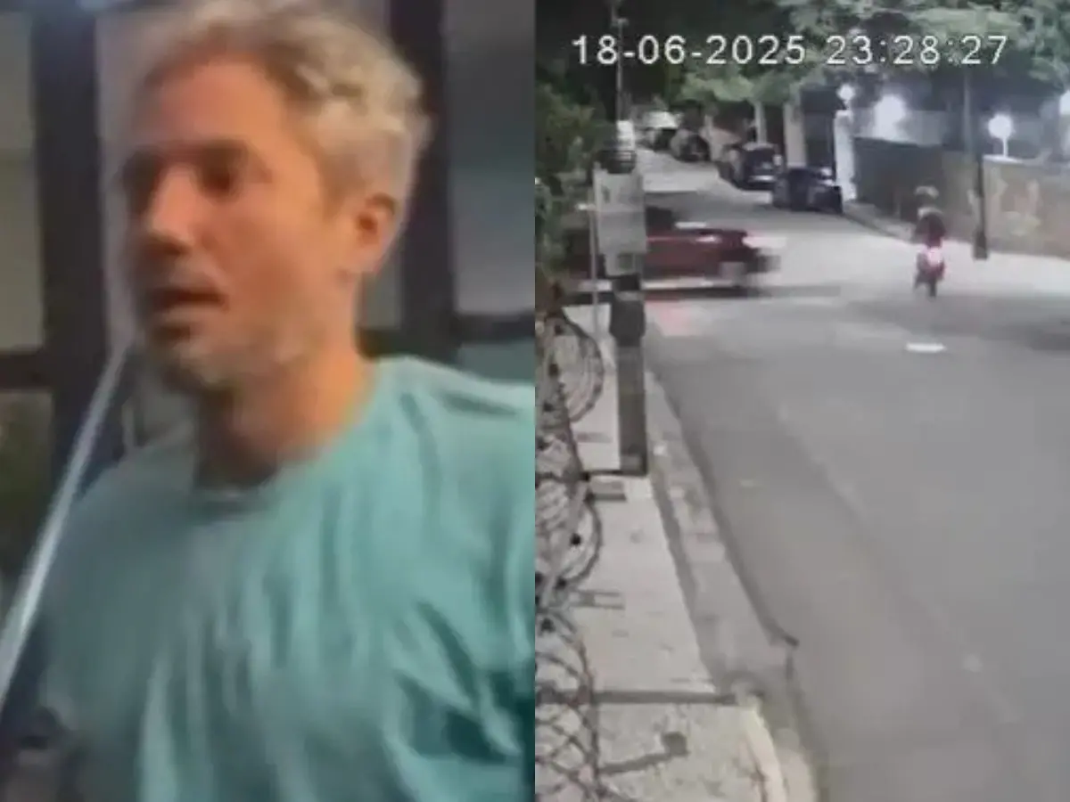 Montagem de fotos, em que a primeira é do empresário Rafael Elisiário Ferreira, que colidiu contra uma moto e matou um jovem de 18 anos em Fortaleza; e a segunda é uma captura de tela de um circuito de segurança que mostra o momento da colisão.