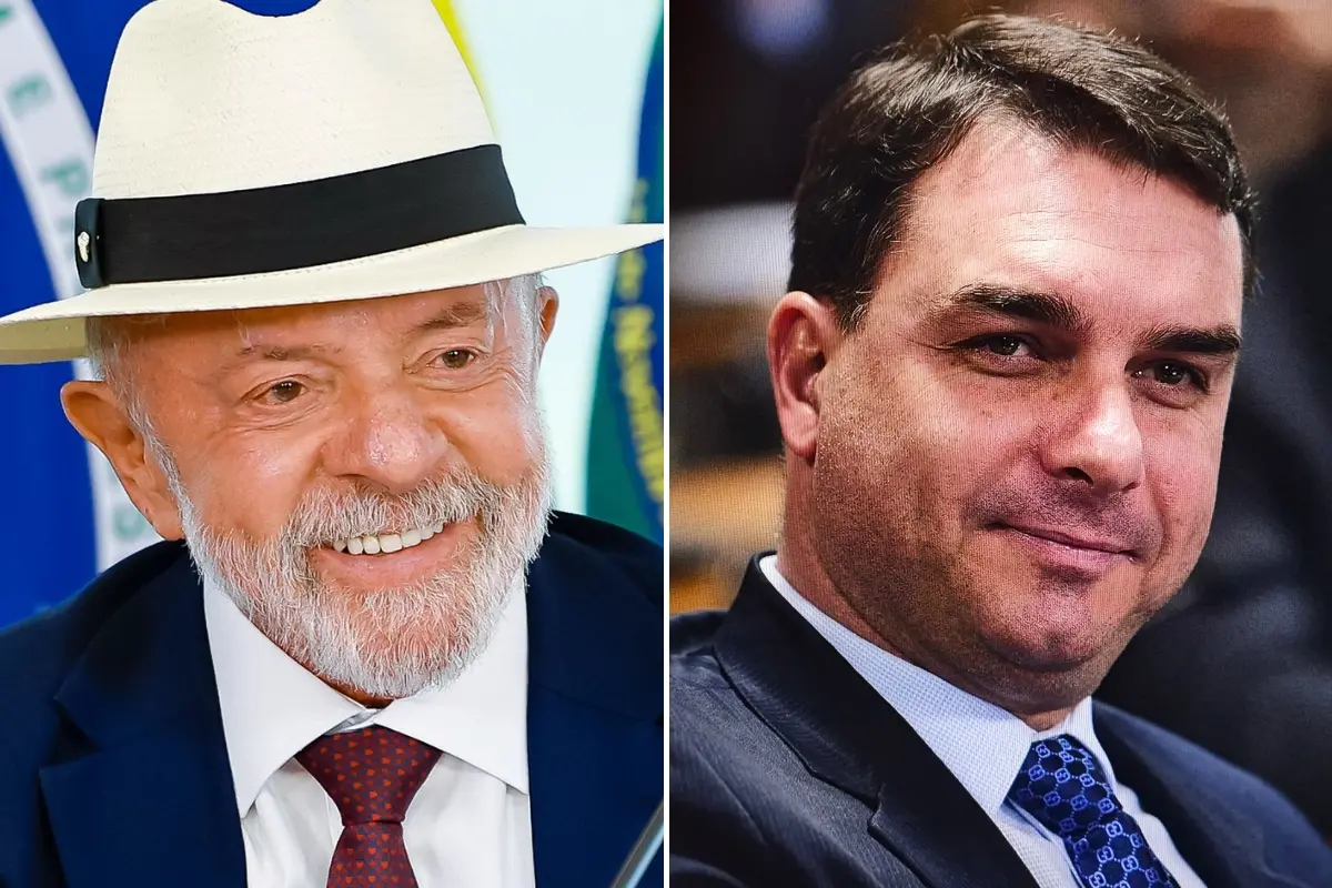 Imagem do presidente Lula e outra do senador Flávio Bolsonaro.