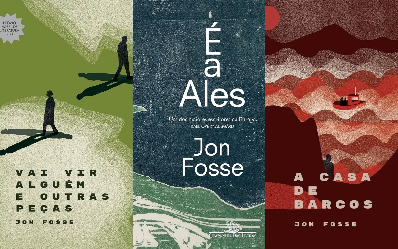 Imagem de capa dos livros de Jon Fosse, como Vai vir alguém e outras peças, É a Ales e A casa de barcos.