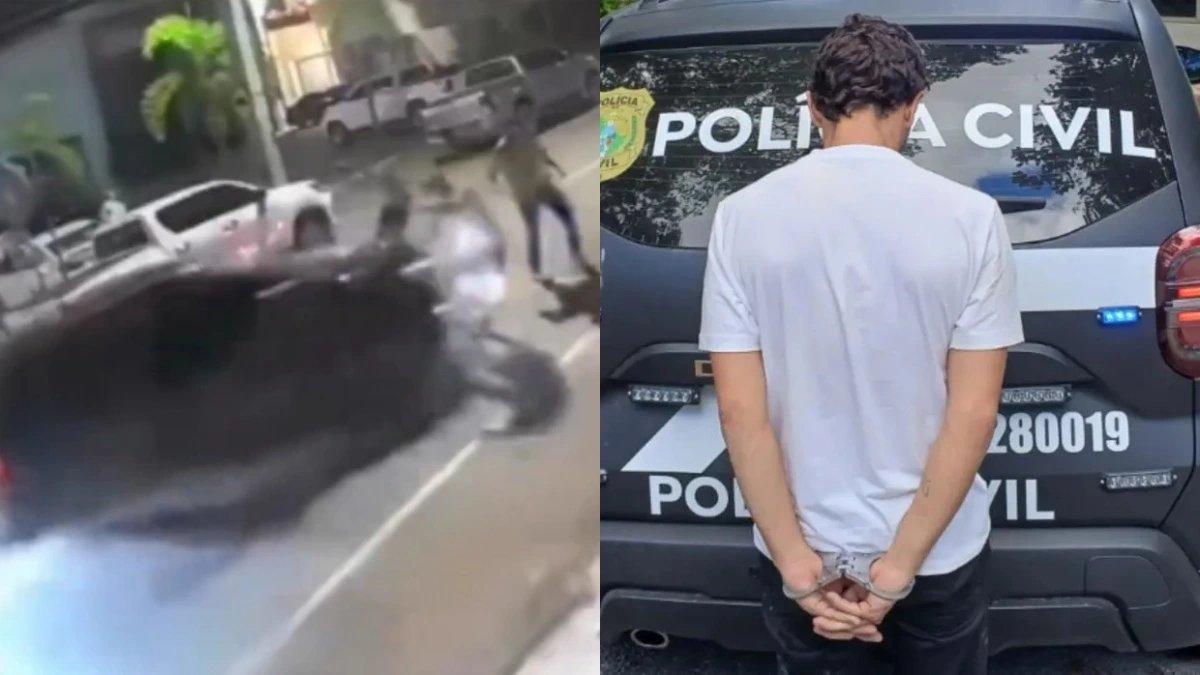 Montagem de fotos em que a primeira é uma captura de tela de uma câmera de segurança que flagrou o atropelamento de um grupo de pessoas no Cariri. A segunda foto é o suspeito do atropelamento, preso, virado de costas na frente de viatura da Polícia Civil.