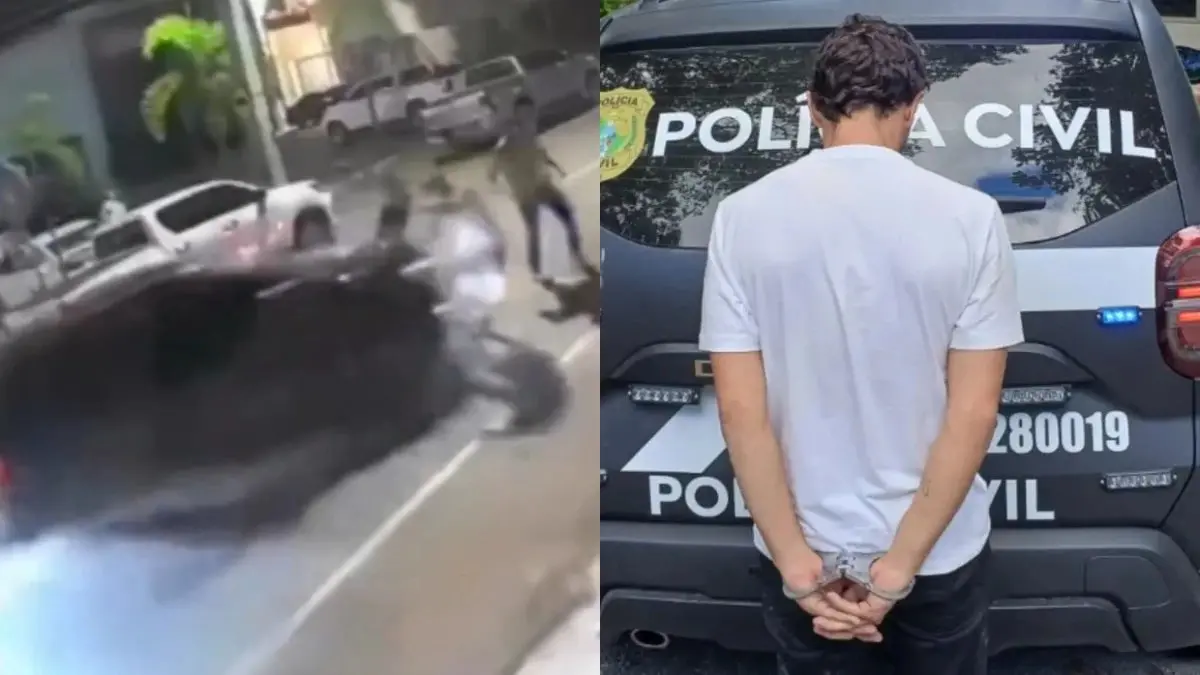 Montagem de fotos em que a primeira é uma captura de tela de uma câmera de segurança que flagrou o atropelamento de um grupo de pessoas no Cariri. A segunda foto é o suspeito do atropelamento, preso, virado de costas na frente de viatura da Polícia Civil.