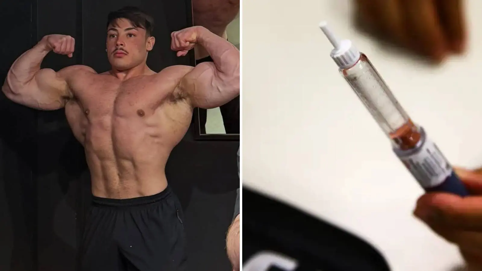 Imagem mostra, à esquerda, o fisiculturista Gabriel Ganley, encontrado morto em seu apartamento, em São Paulo, e, à esquerda, uma caneta de aplicação de insulina. Antes da morte, Gabriel revelou que fazia uso de insulina para ganho de massa muscular.