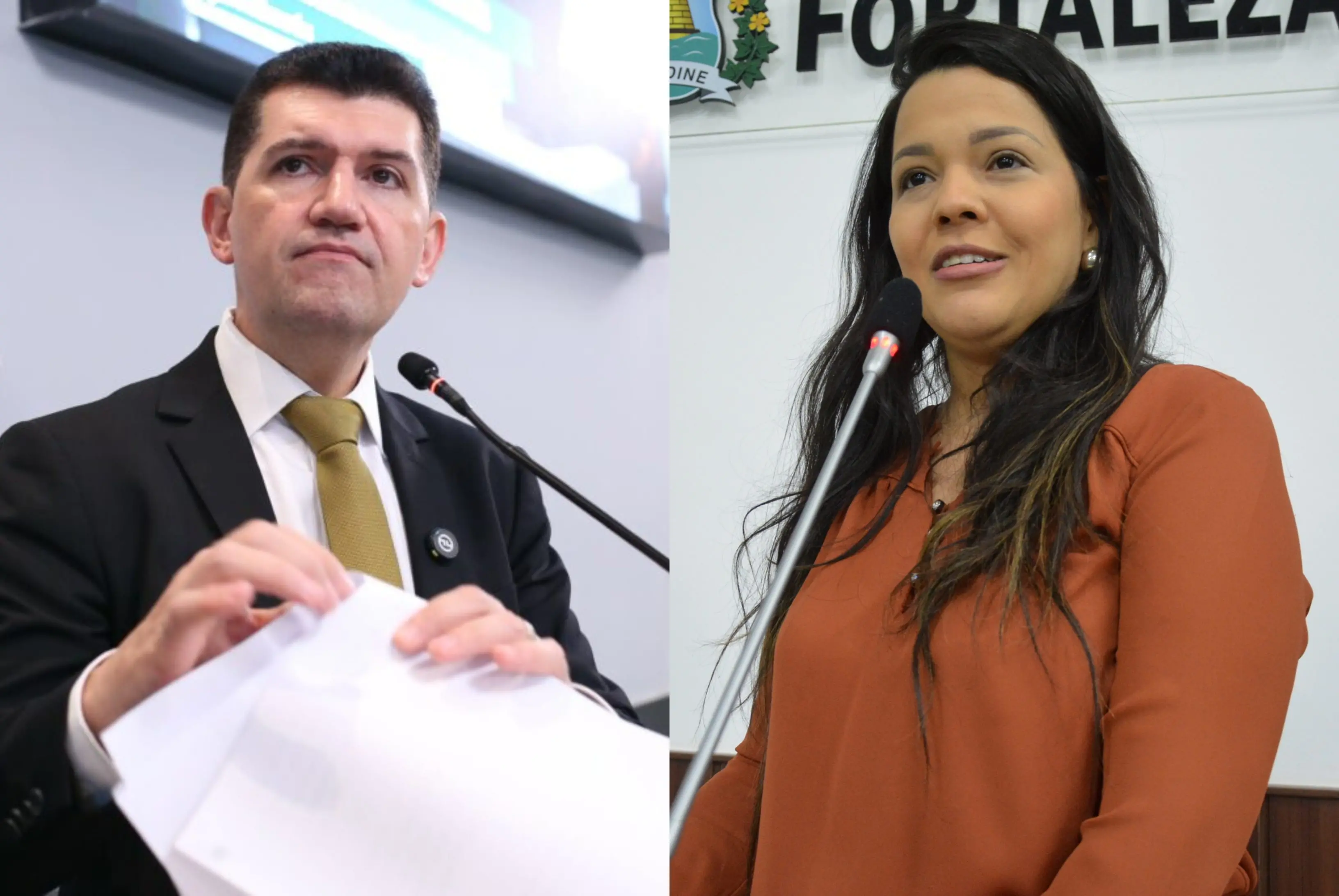 Montagem mostra Ronaldo Martins e Priscila Costa falando ao microfone em eventos políticos. Os dois aparecem em ambientes institucionais, diante de púlpitos e telas de apresentação.
