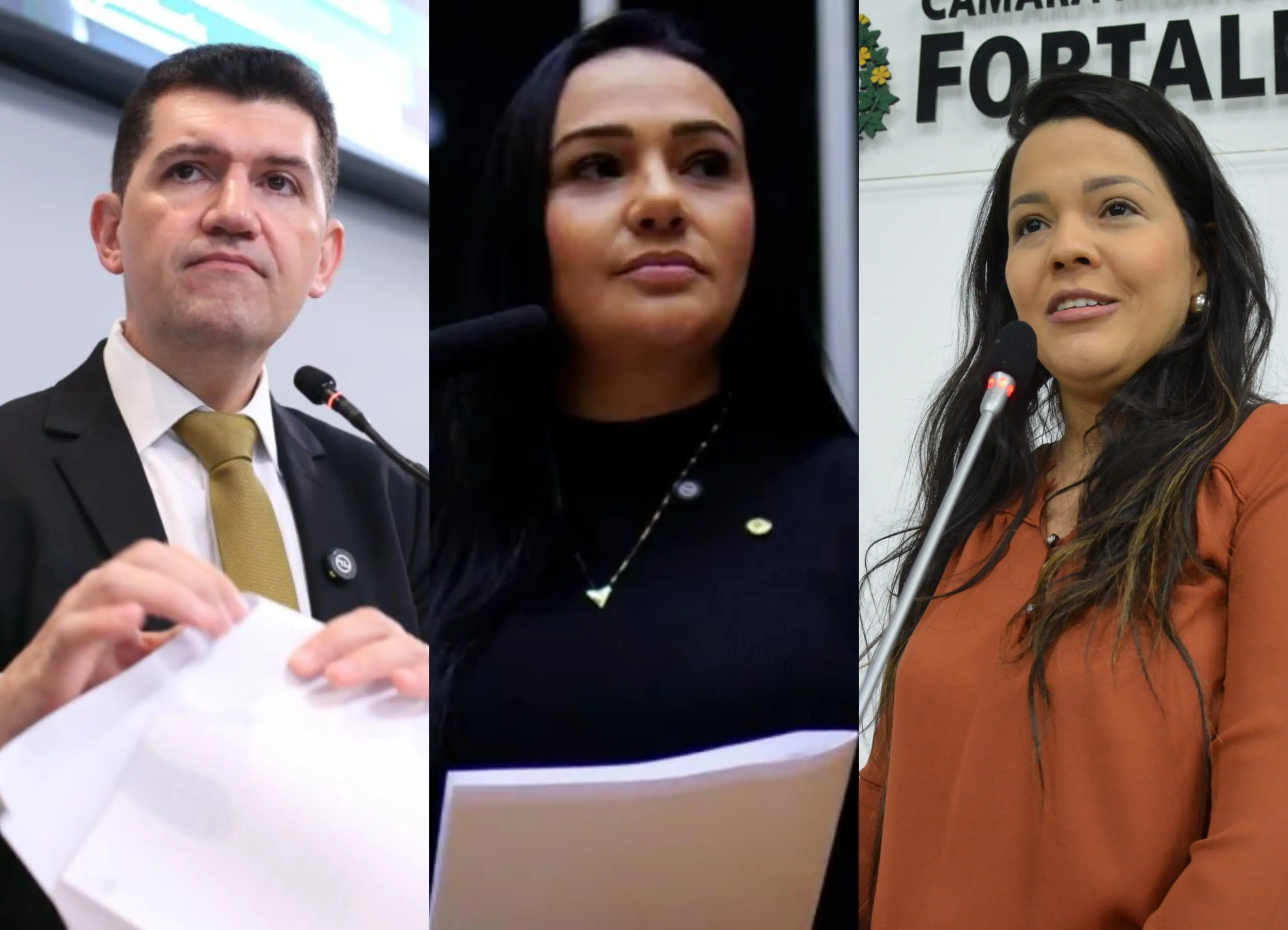 Montagem mostra Ronaldo Martins e Priscila Costa falando ao microfone em eventos políticos. Os dois aparecem em ambientes institucionais, diante de púlpitos e telas de apresentação.