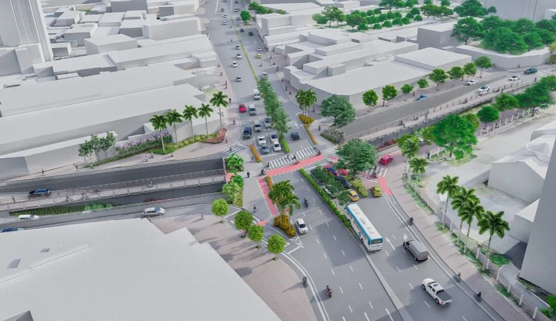 Projeção digital em 3D do projeto de mobilidade urbana da Avenida Aguanambi, exibindo o túnel, ciclovia, faixa de ônibus, fluxo de veículos e arborização.