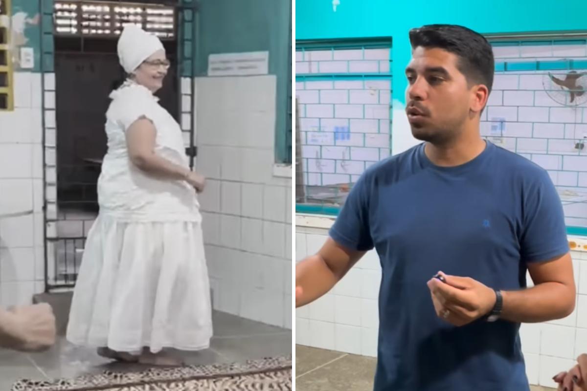 Imagem de mulher em apresentação afro-brasileira e do vereador Lael Sena criticando ação.