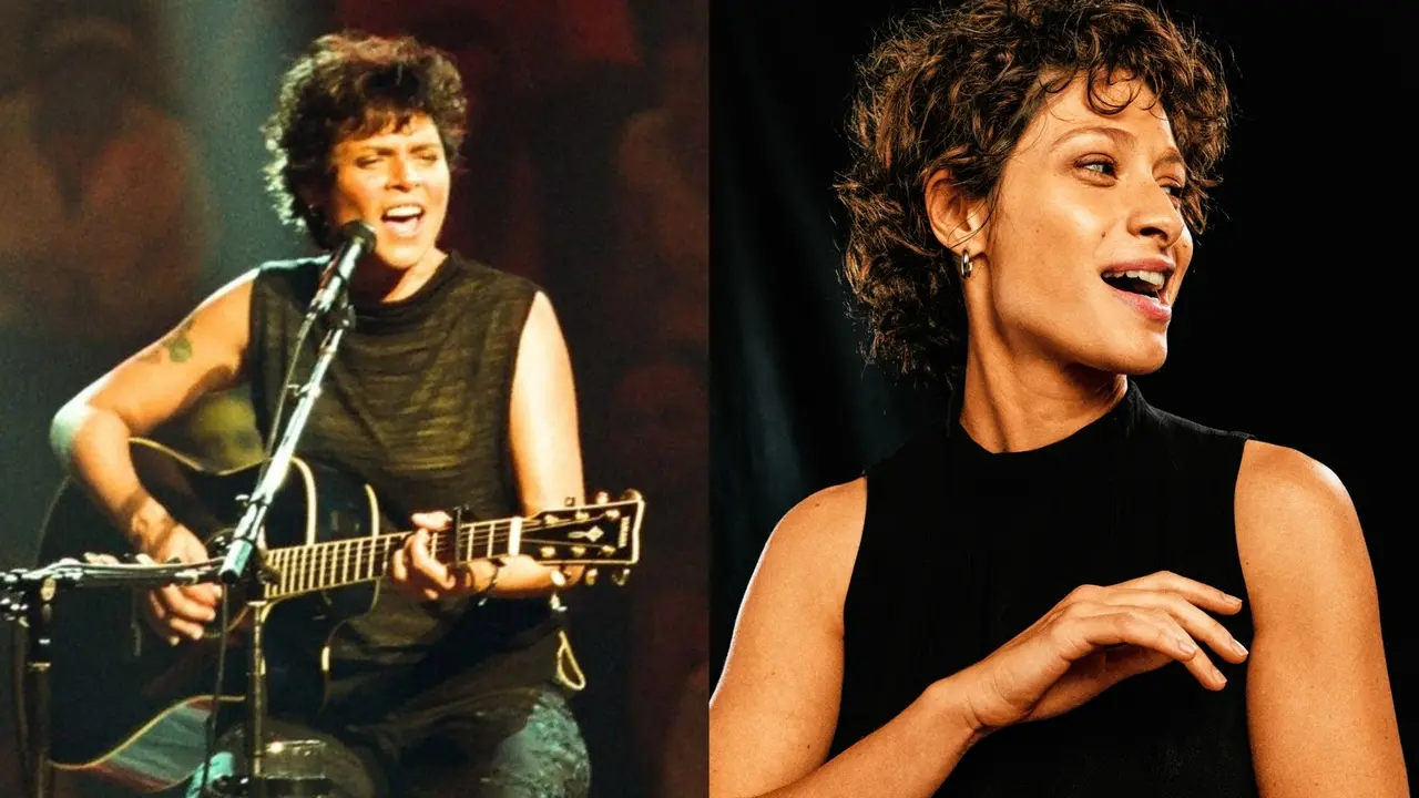 Imagem dividida ao meio compara a cantora Cássia Eller no palco e a atriz Luisa Arraes caracterizada como ela para o filme biográfico. À esquerda, Cássia canta expressivamente tocando um violão sob luz de palco, enquanto à direita, Luisa aparece de perfil com cabelos curtos e cacheados semelhantes, vestindo uma blusa preta idêntica sobre um fundo escuro.