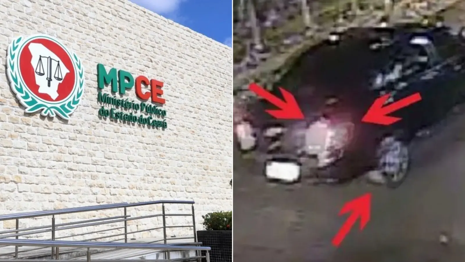 Montagem de duas fotos mostra, à esquerda, a fachada do MPCE, e, à direita, a imagem adulterada do veículo.