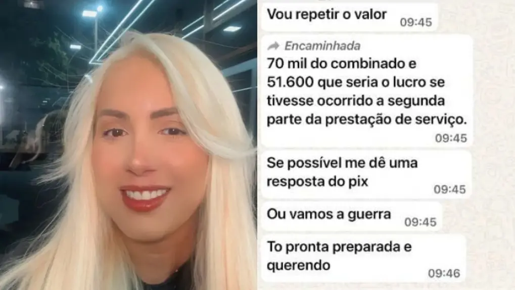Montagem de fotos, na qual na primeira é a foto da advogada Paloma Gurgel, acusada de extorquir um deputado estadual cearense, e a segunda foto é um print de conversar dela ameaçando o deputado.