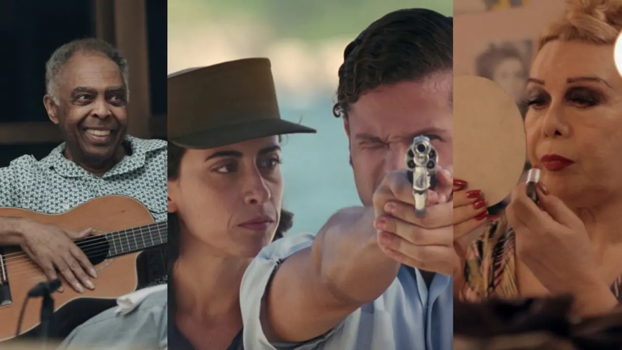Colagem de três imagens verticais destaca produções audiovisuais e artistas brasileiros em diferentes contextos dramáticos e musicais. Na primeira, o cantor Gilberto Gil sorri alegremente enquanto toca um violão; na imagem central, uma mulher com quepe militar observa atentamente um homem que aponta um revólver em direção à câmera; na última, a artista Rogéria aparece em plano médio retocando o batom vermelho enquanto se olha em um espelho de mão.