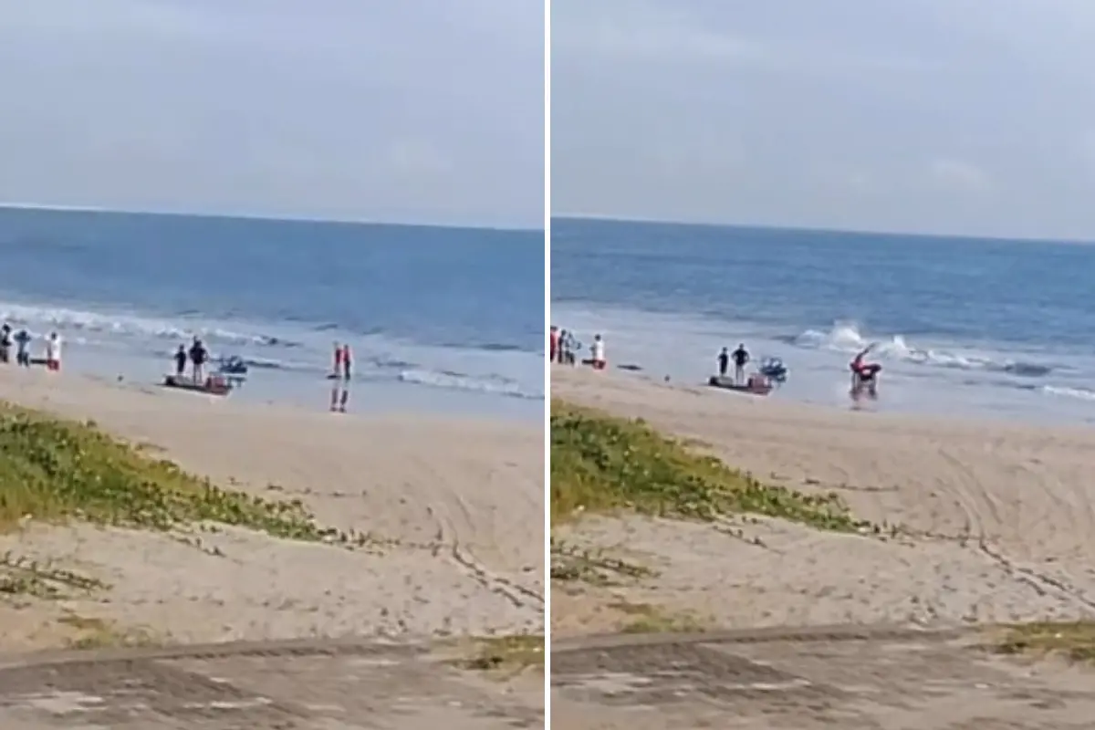 Imagem dos bombeiros fazendo o resgate do corpo do praticante de kitesurf encontrado morto após perder equipamento e desaparecer no mar no Cumbuco.