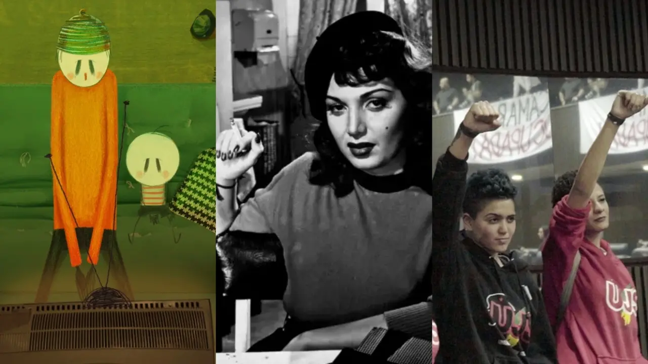 Composição com três imagens distintas lado a lado, mostrando uma ilustração de personagens estilizados diante de uma tela, o retrato em preto e branco de uma mulher de boina segurando um cigarro, e duas jovens com os punhos erguidos em um protesto. A junção das cenas destaca diferentes linguagens visuais, alternando entre a delicadeza da animação, a dramaticidade do cinema clássico e a energia do ativismo social.
