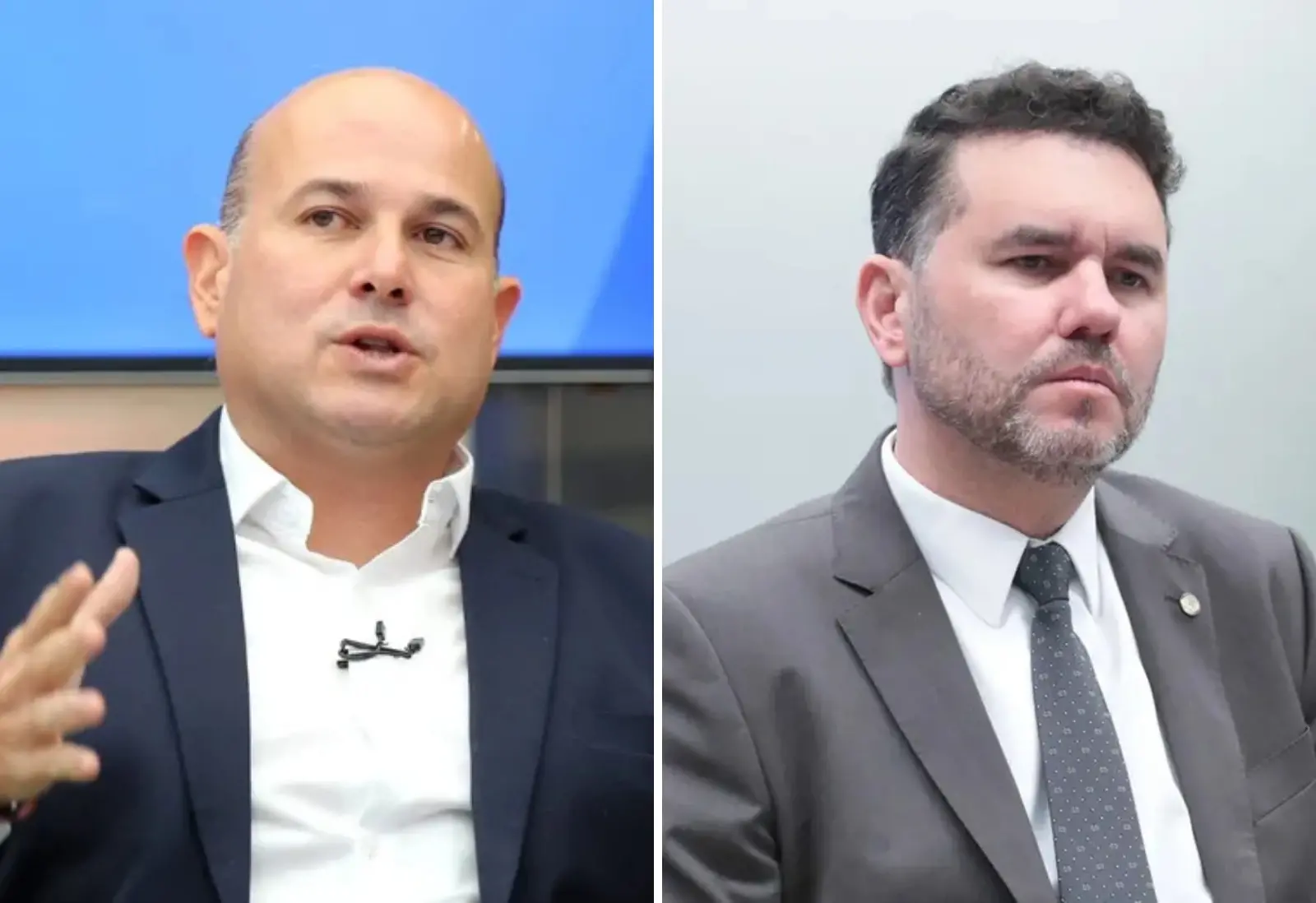 Colagem de fotos. Do lado esquerdo, Roberto Cláudio gesticula enquanto concede entrevista. Do lado direito, Moses Rodrigues olha para o horizonte durante sessão na Câmara dos Deputados.