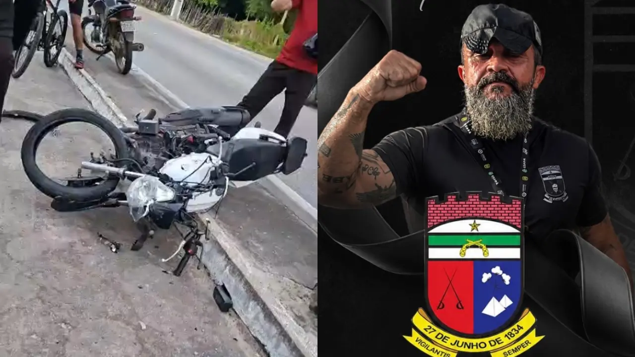 Moto ficou completamente danificada em colisão de PM com poste.