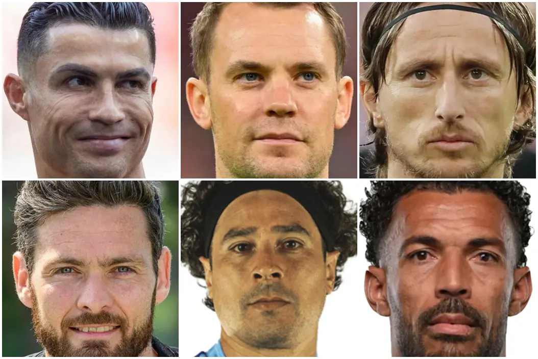 Foto-montagem com Cristiano Ronaldo, Neuer, Modric, Gordon, Ochoa e Vozinha