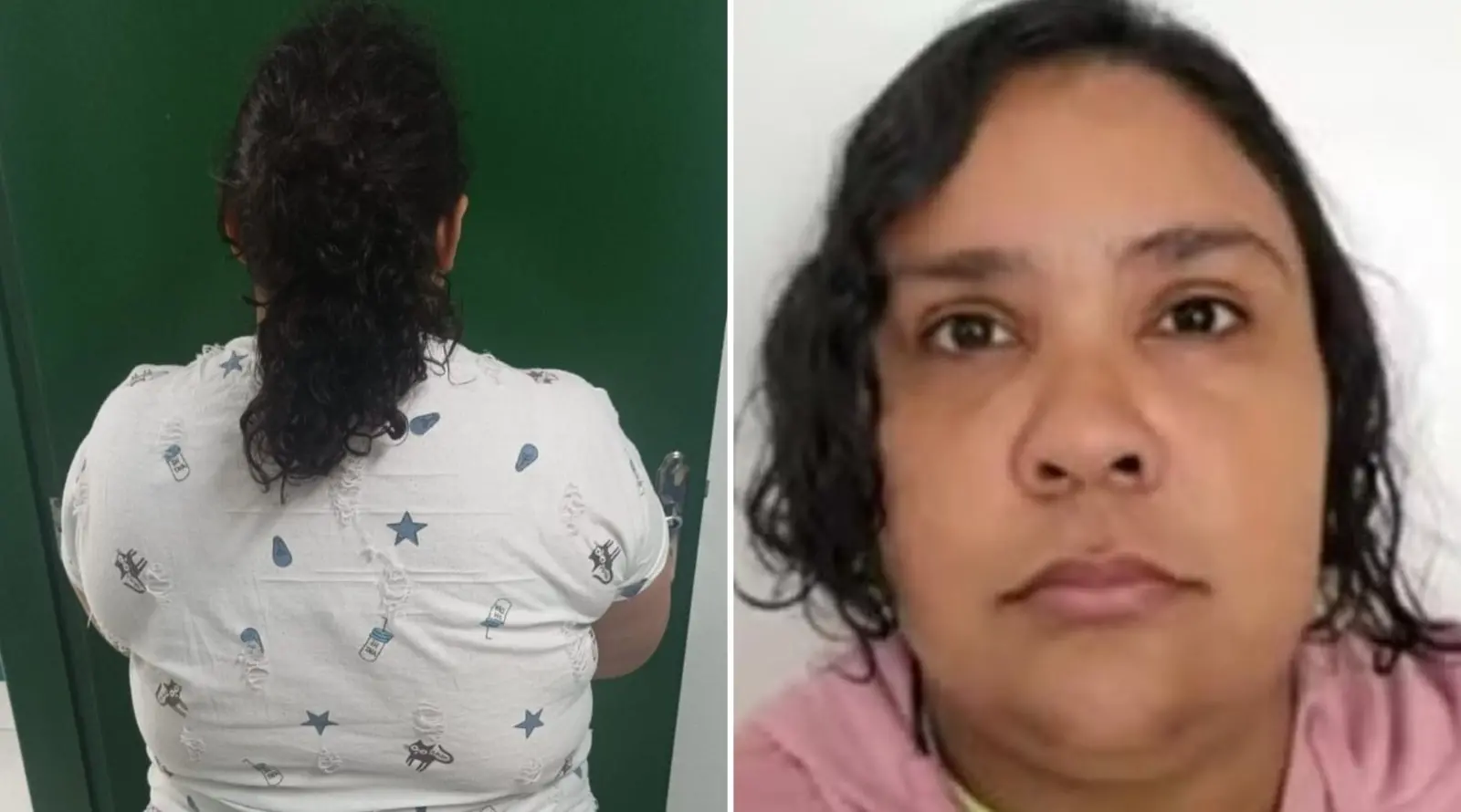 Montagem de duas fotos mostra, à esquerda, Amanda Maria de costas, de cabelo preso em um rabo de cavalo. À direita, uma foto de frente, em que ela aparece séria.