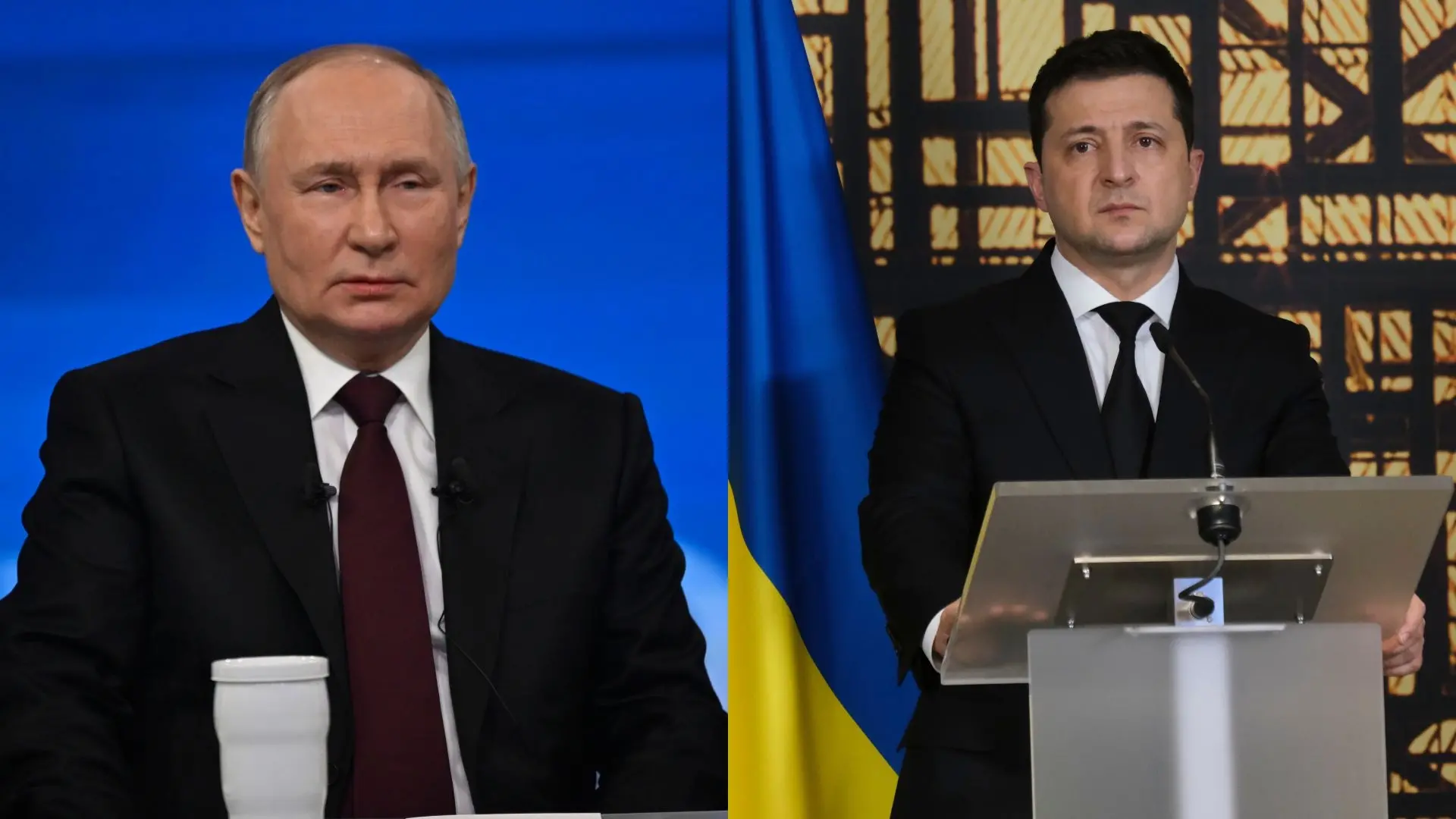 Está é uma montagem em que o presidente da Rússia, Vladimir Putin, está à esquerda e o chefe de Estado da Ucrânia, Volodymyr Zelensky, à direita.