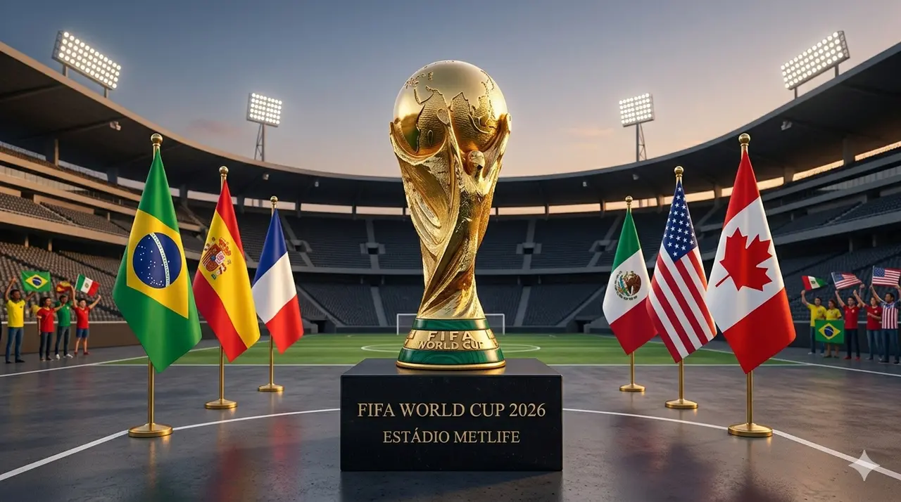 Taça da Copa do Mundo exibida em um estádio com bandeiras de países