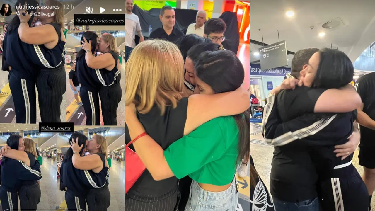 Fotos que mostram reencontro de nutricionista cearense Jéssica Soares com família abraçados em aeroporto de Fortaleza.