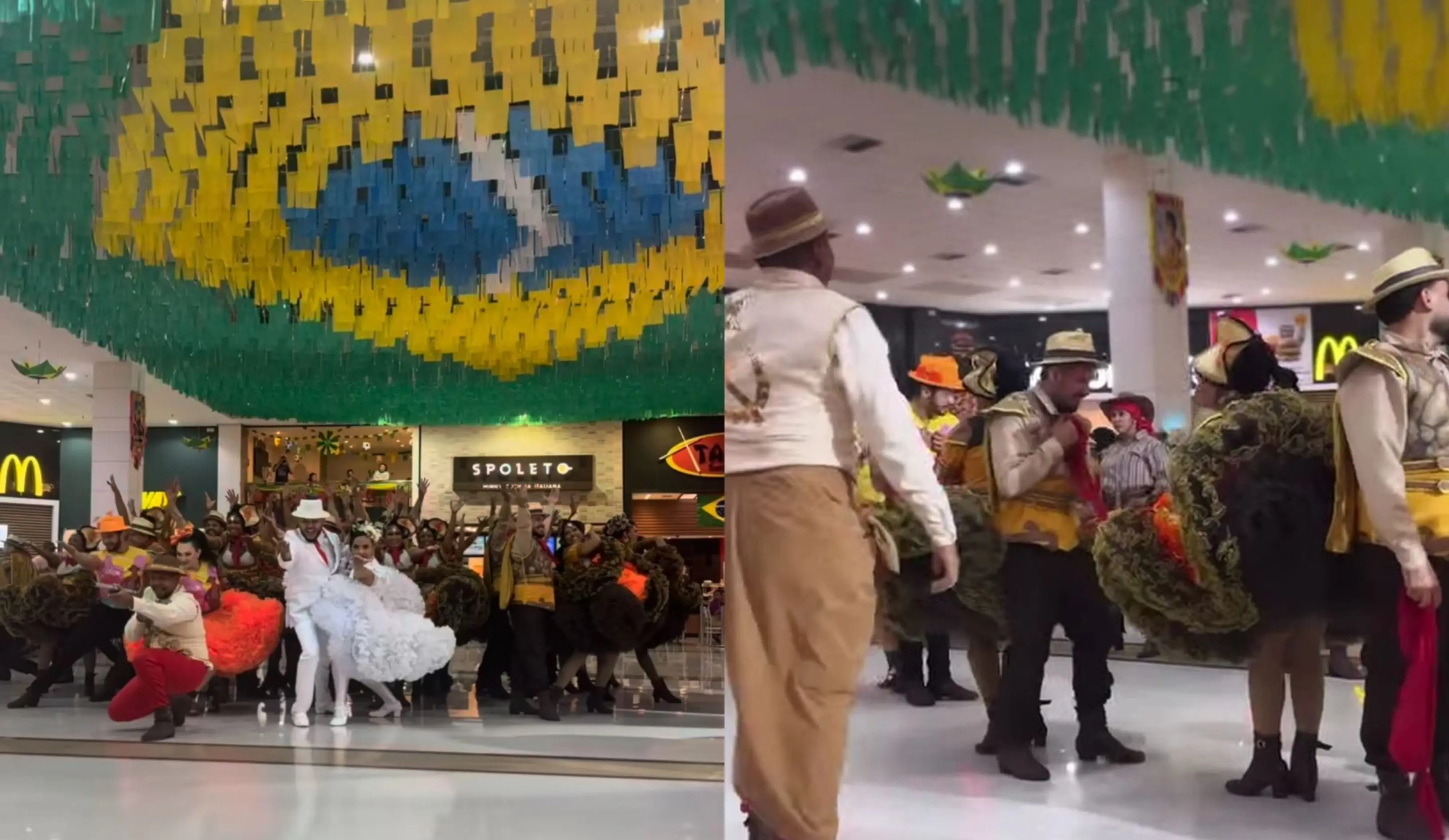 Montagem com duas imagens de uma apresentação de quadrilha junina em shopping center. No teto, bandeirolas verdes, amarelas, azuis e brancas formam uma grande bandeira do Brasil. Abaixo, dançarinos com trajes típicos se apresentam em grupo diante do público, ocupando o corredor central do espaço comercial.