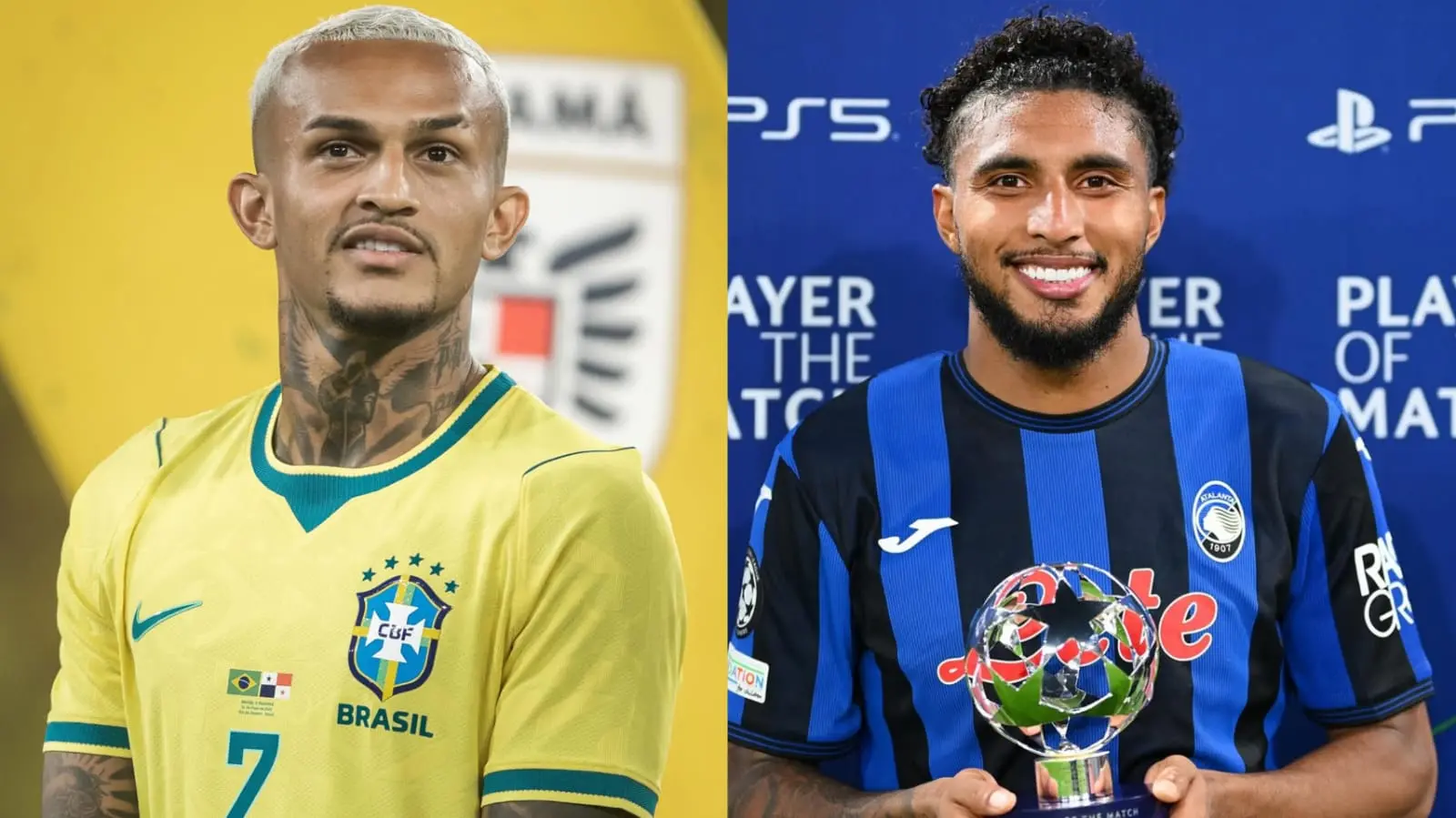 Wesley veste camisa amarela da Seleção em fotomontagem ao lado de Ederson, com a camisa do Atalanta.