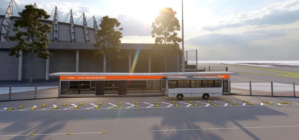 Na imagem, renderização digital em perspectiva de uma estação de ônibus urbana moderna chamada 