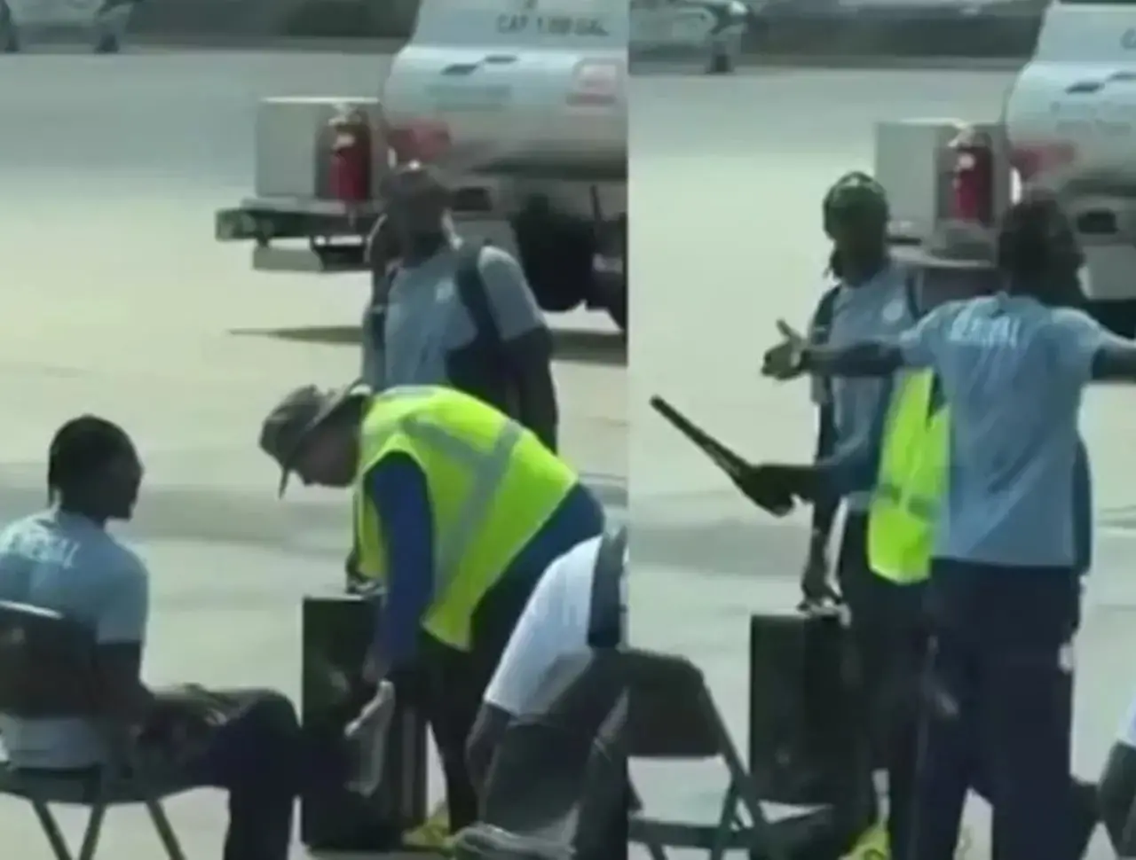Imagens de jogadores da delegação de Senegal sendo rigorosamente revistada em aeroporto dos EUA.
