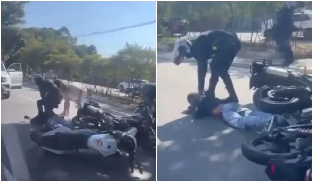 Montagem com duas imagens lado a lado mostrando ocorrência com motocicletas em via pública. À esquerda, duas motos caídas no asfalto e duas pessoas próximas, uma ajoelhada ao lado de alguém no chão. À direita, uma pessoa deitada no chão ao lado de uma motocicleta enquanto outra se inclina sobre ela. Fundo com árvores, luz do dia e faixa de rua visível.