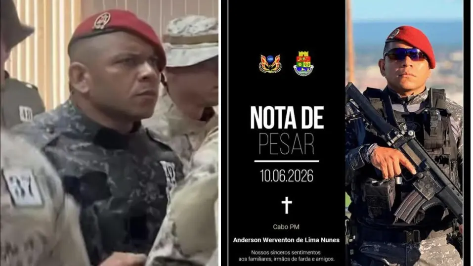 Policiais militares em formação aparecem alinhados durante instrução em ambiente interno; em destaque, um agente usa boina vermelha e uniforme camuflado, enquanto outros integrantes do grupo o cercam. Ao lado, arte de luto com o texto “NOTA DE PESAR – 10.06.2026” e uma cruz, acompanhada do nome “Cabo PM Anderson Werventon de Lima Nunes”, com imagens de um policial militar em uniforme tático e boina vermelha segurando um fuzil.