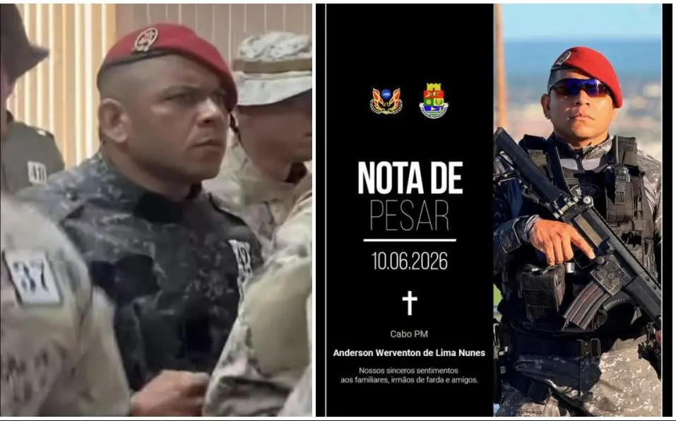 Policiais militares em formação aparecem alinhados durante instrução em ambiente interno; em destaque, um agente usa boina vermelha e uniforme camuflado, enquanto outros integrantes do grupo o cercam. Ao lado, arte de luto com o texto “NOTA DE PESAR – 10.06.2026” e uma cruz, acompanhada do nome “Cabo PM Anderson Werventon de Lima Nunes”, com imagens de um policial militar em uniforme tático e boina vermelha segurando um fuzil.