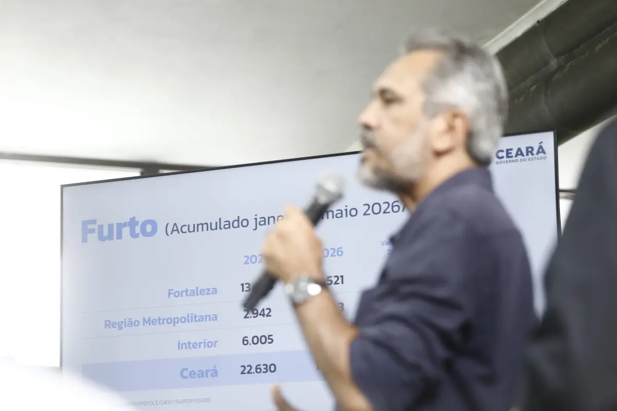 Elmano de Freitas segura microfone enquanto apresenta dados de furtos em gráfico do Governo do Ceará, com números de Fortaleza, região metropolitana, interior e total do estado até maio de 2026.