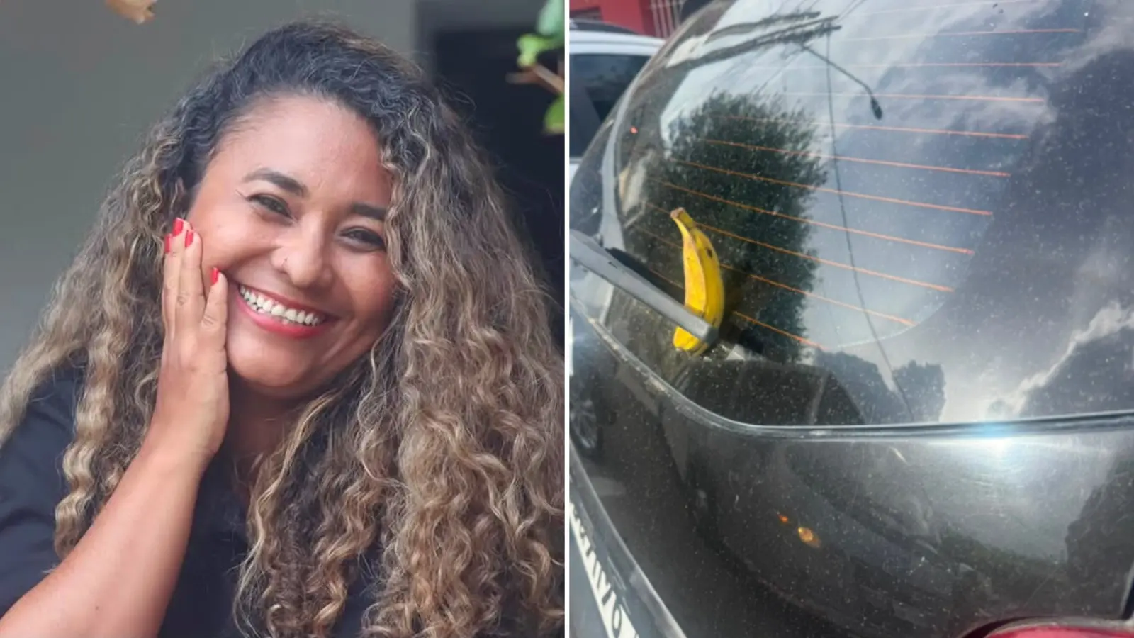Montagem de duas fotos mostra Michelle à esquerda e, à direita, a imagem da banana presa ao carro dela.