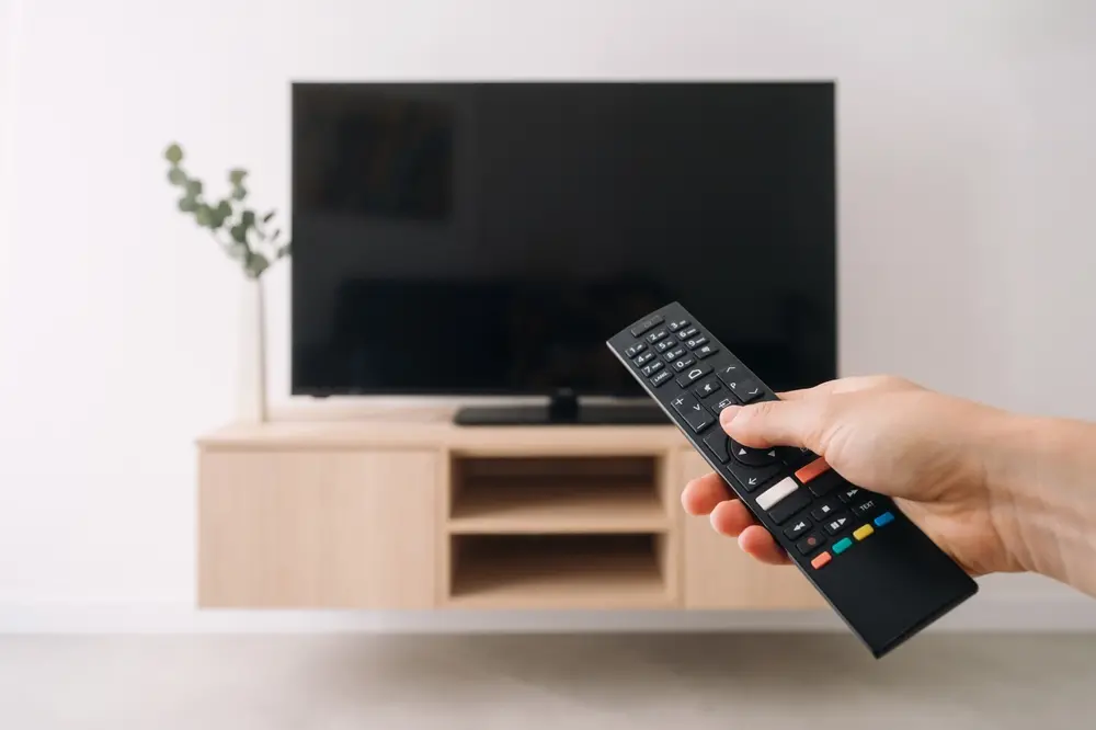 Pessoa segura um controle remoto apontado para uma televisão desligada sobre um móvel de madeira em sala simples, com vaso de planta ao lado e fundo desfocado.
