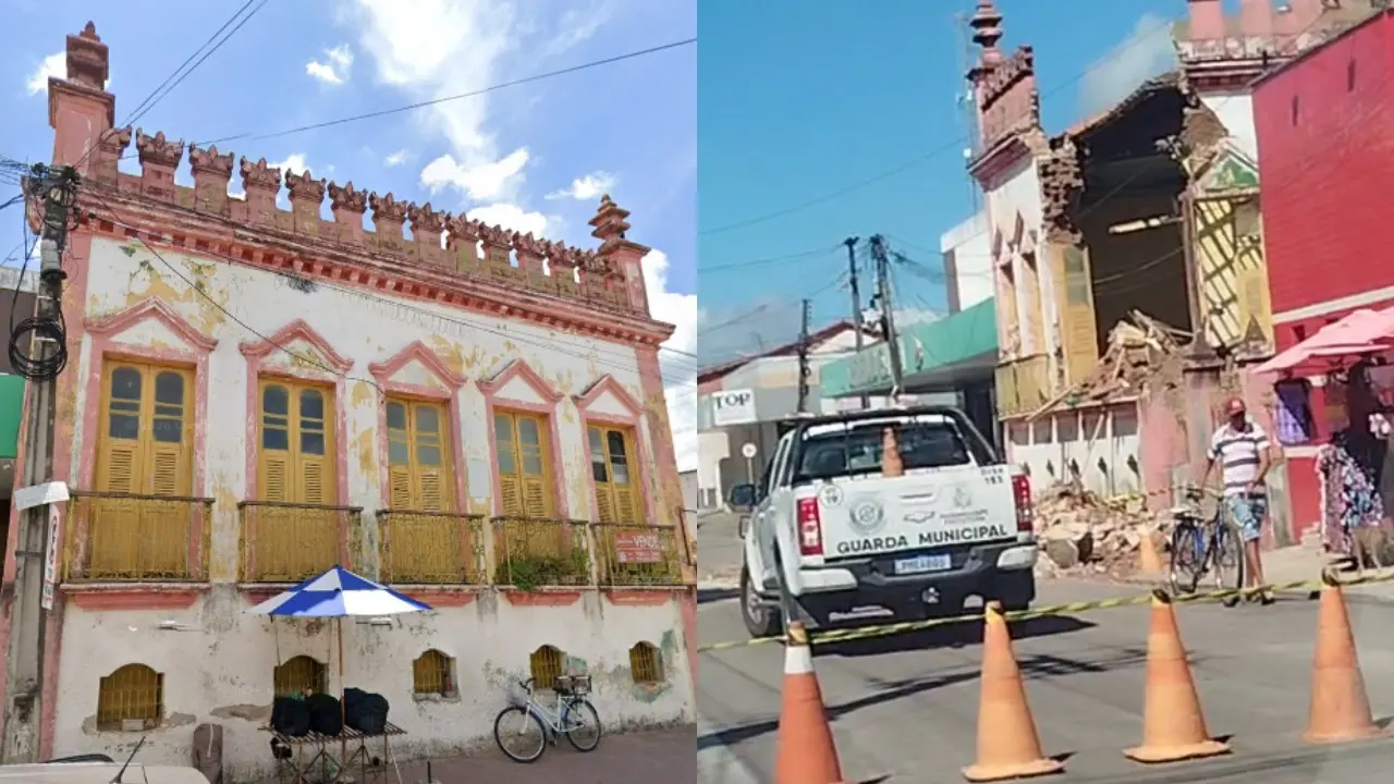 Montagem com duas cenas de um casarão antigo com fachada rosa e detalhes ornamentais. À esquerda, o imóvel aparece inteiro, com pintura desgastada, janelas amarelas, varanda com grades e uma bicicleta apoiada na frente. À direita, o mesmo edifício aparece parcialmente desabado, com entulho espalhado na calçada, área isolada por cones e fita, viatura da Guarda Municipal estacionada e pessoas ao redor observando a situação.