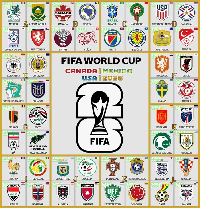Escudos da Copa do Mundo desenhados por Christiano Hilbert.