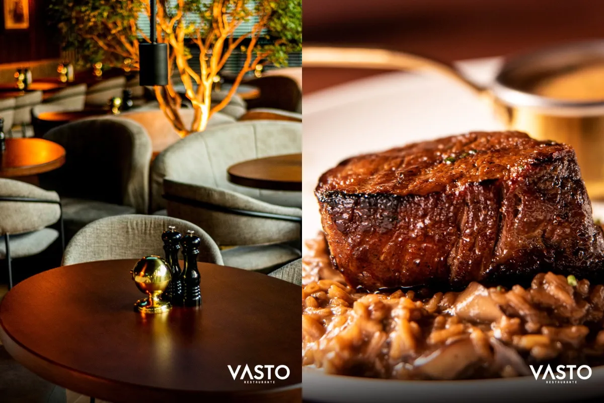 O restaurante Vasto possui opções de carnes, sushi, frutos do mar, vinhos e chopes.