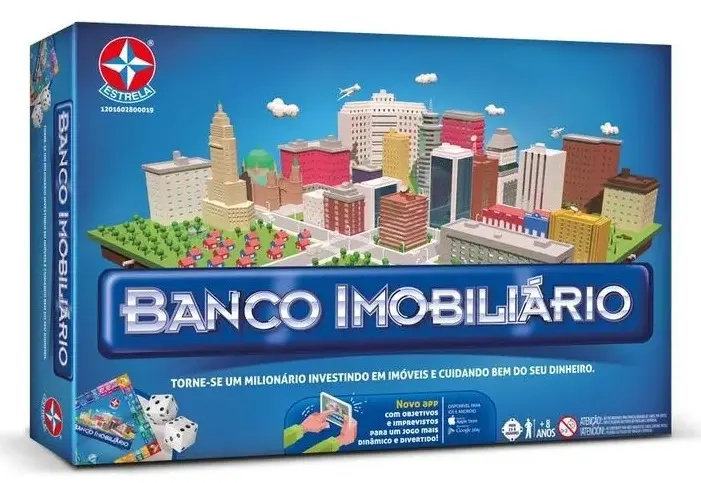 Caixa azul do jogo de tabuleiro Banco Imobiliário.