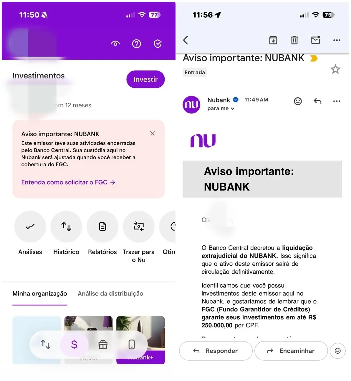 Print de mensagem Nubank liquidação extrajudicial.