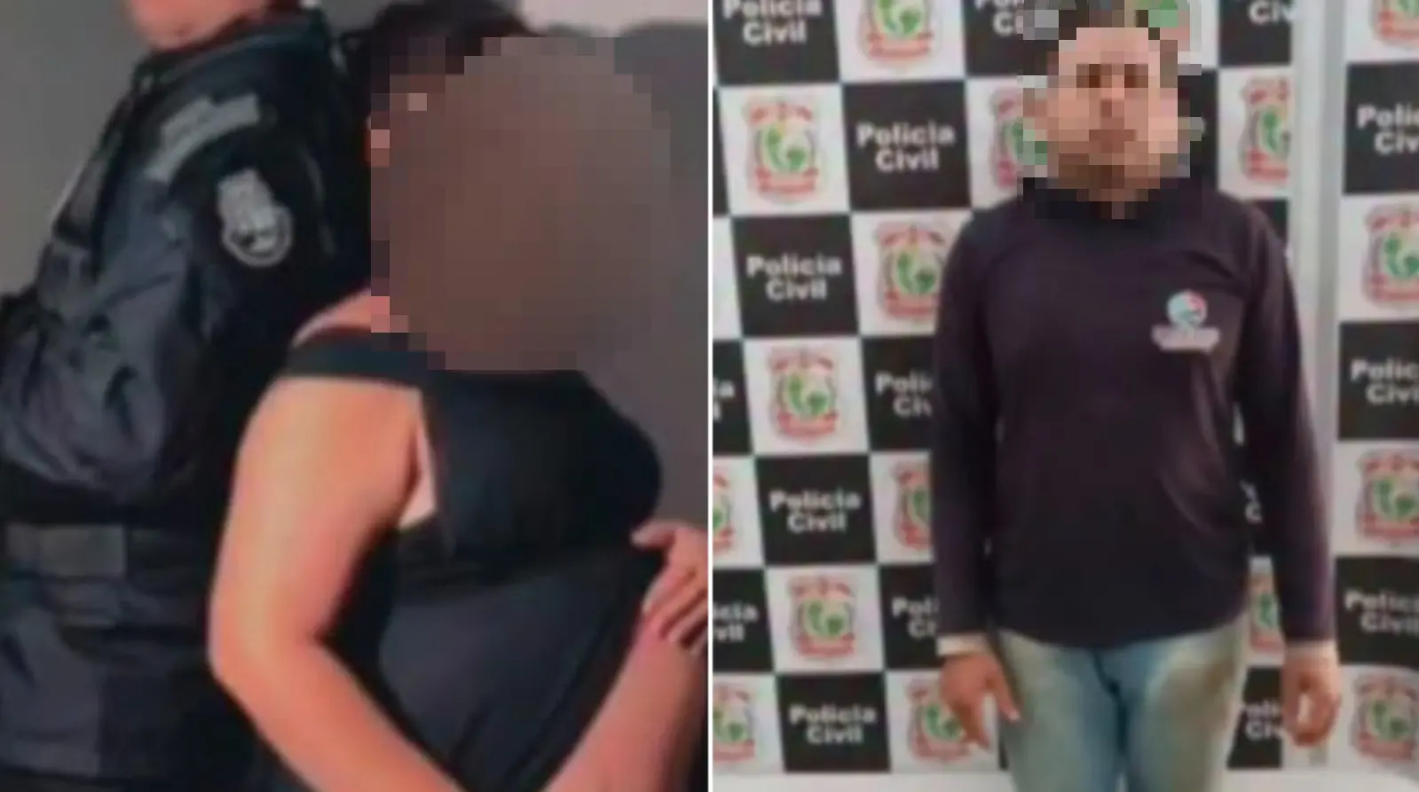 Montagem de duas fotos mostra, à esquerda, ensaio fotográfico de suspeito e mulher e, à direita, o homem na delegacia.