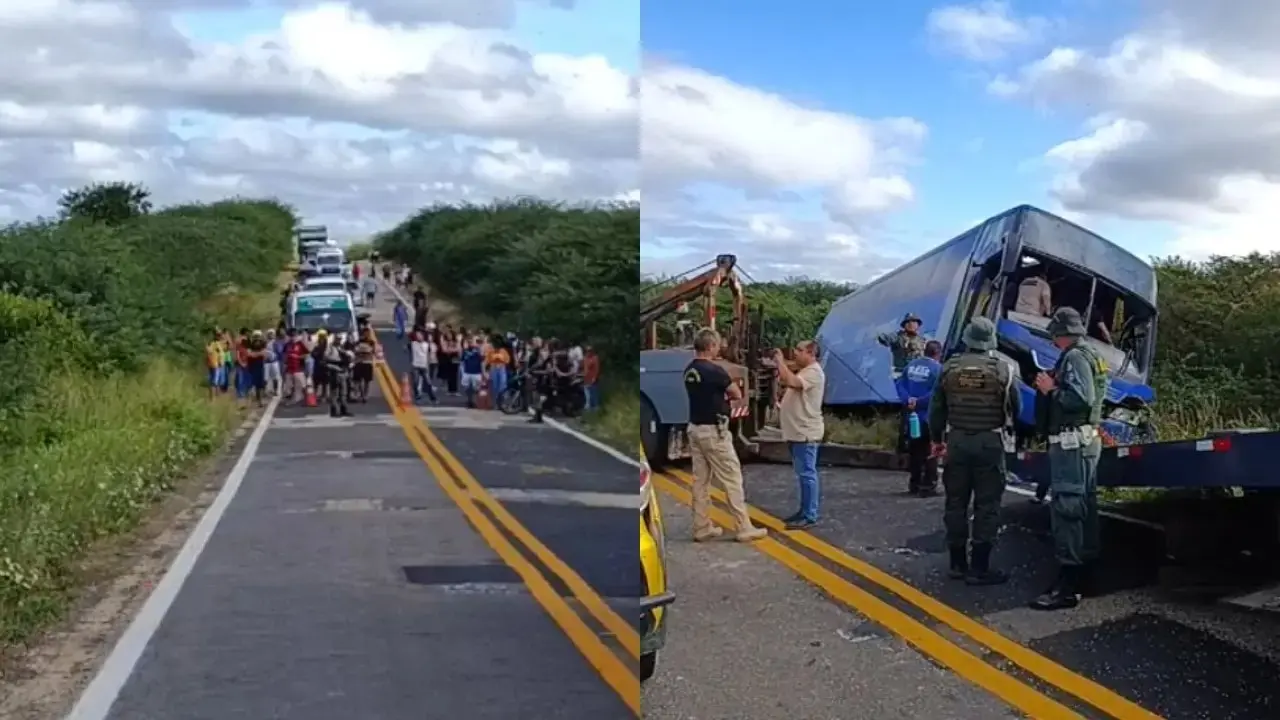 Foto do acidente de ônibus com time de basquete em tauá, no ceará. A foto mostra agentes da PRE e do Corpo de Bombeiros realizando o atendimento na região.