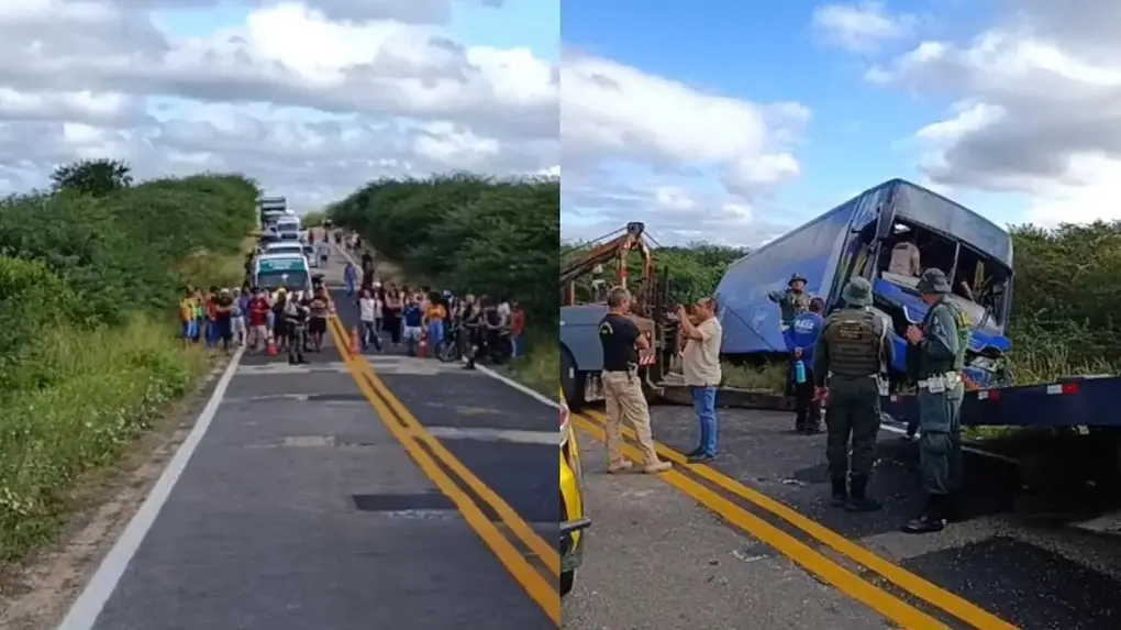 Foto do acidente de ônibus com time de basquete em tauá, no ceará. A foto mostra agentes da PRE e do Corpo de Bombeiros realizando o atendimento na região.