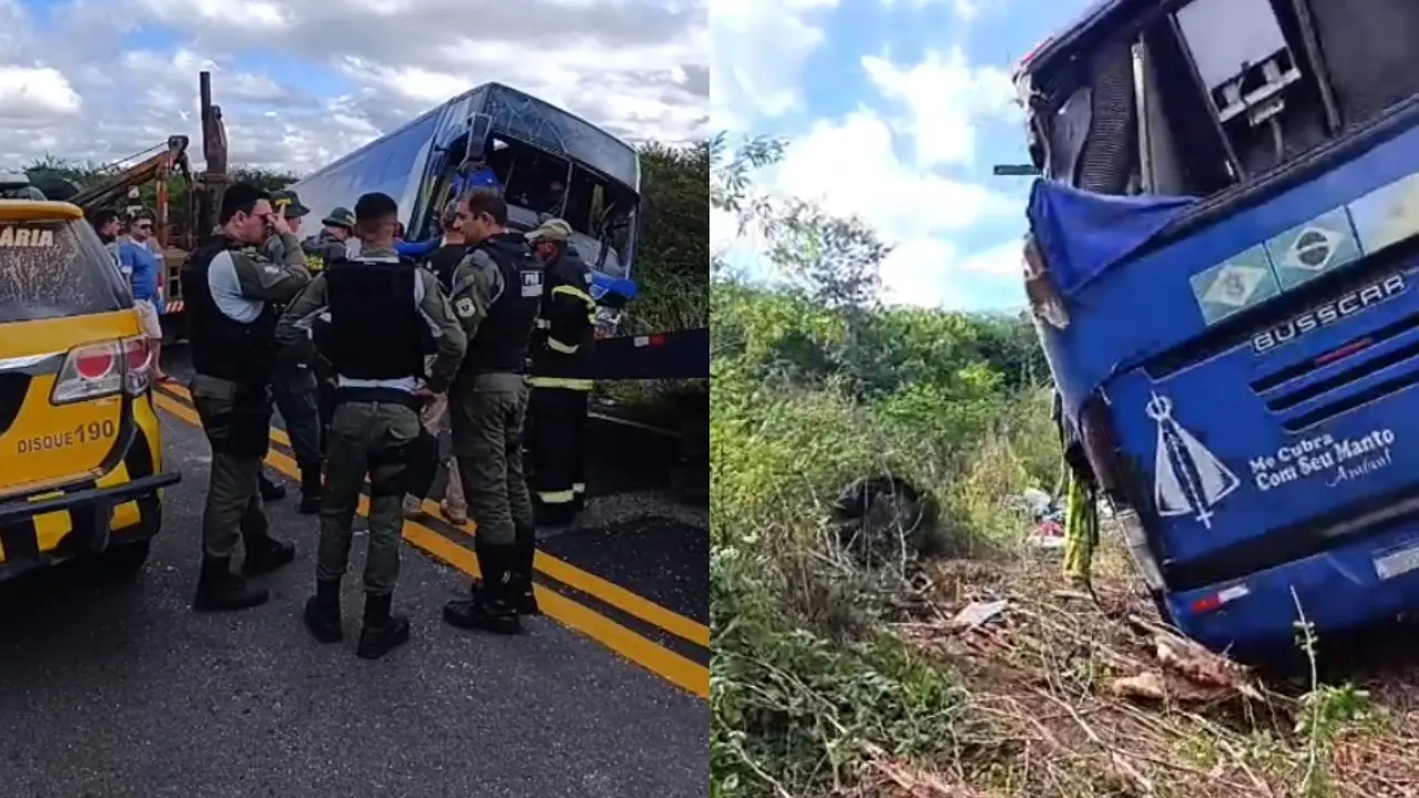 Montagem com duas imagens de um acidente envolvendo ônibus. À esquerda, veículos oficiais e um caminhão-guincho parados em uma rodovia, com agentes de segurança e resgate reunidos ao redor de um ônibus inclinado. À direita, um ônibus azul tombado em área de vegetação, com a parte lateral e traseira visíveis entre o mato, indicando o local do acidente.