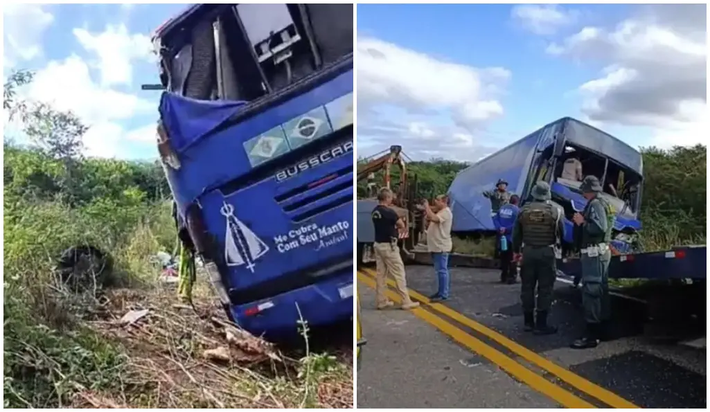 Montagem com duas imagens de acidente. À esquerda, ônibus azul tombado fora da pista, inclinado sobre vegetação seca, com parte da estrutura danificada visível. À direita, ônibus sendo removido por guincho em rodovia, com presença de equipes de segurança e resgate ao redor e veículos de apoio estacionados na via.