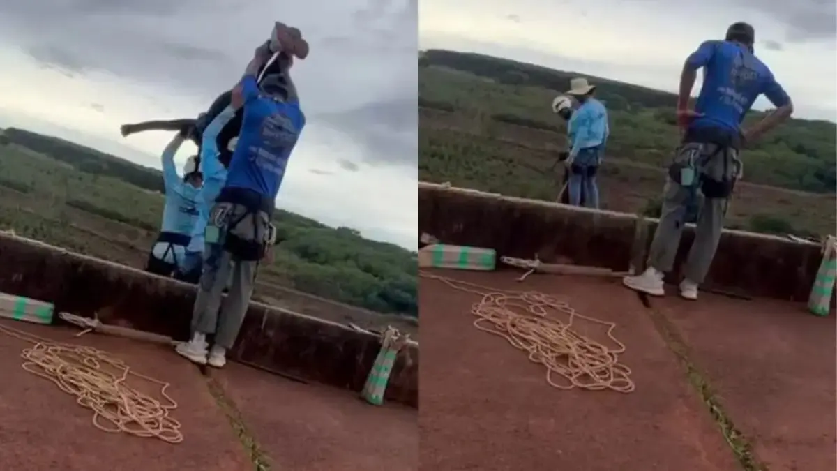 Foto do momento da queda da jovem morta após ser lançada sem corda em rope jump.