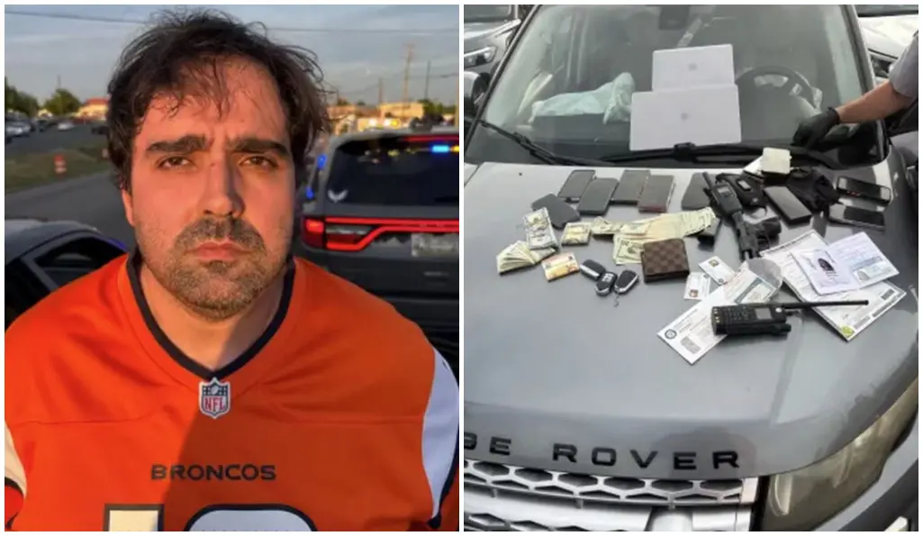 Montagem com duas imagens: à esquerda, pessoa usando camiseta laranja com a palavra “Broncos”, em pé ao ar livre com viaturas ao fundo; à direita, capô de um carro com a palavra “Range Rover” visível, onde estão dispostos vários objetos, incluindo aparelhos celulares, arma de fogo, carregadores, dinheiro em espécie, documentos e chaves, com uma mão usando luva próxima aos itens.