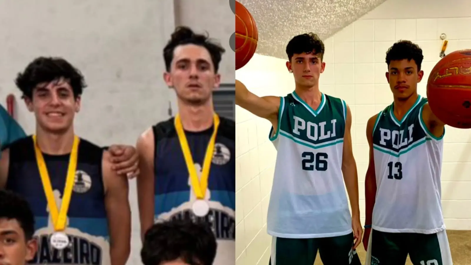Montagem com duas imagens lado a lado. À esquerda, dois jovens em pé, usando uniformes esportivos escuros e medalhas penduradas no pescoço, em ambiente interno com parede clara ao fundo. À direita, dois jovens em pé vestindo uniformes de basquete nas cores branca e verde com a palavra “POLI” estampada, cada um segurando uma bola de basquete próxima ao lado do corpo, em um espaço interno com paredes claras e iluminação uniforme.