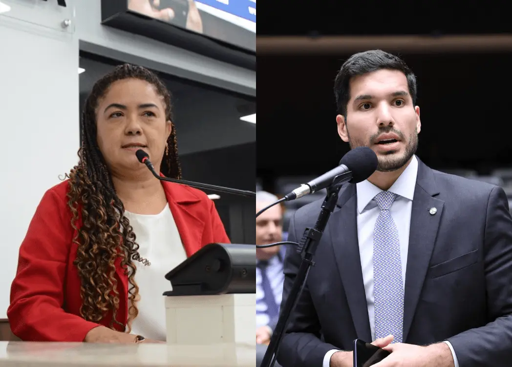 Montagem com duas fotografias lado a lado de pessoas discursando ao microfone. À esquerda, uma mulher de cabelos longos cacheados com mechas claras veste blazer vermelho sobre blusa branca e fala em um púlpito, em ambiente interno iluminado. À direita, um homem de terno escuro, camisa branca e gravata clara faz pronunciamento em um microfone, em um plenário, com fundo desfocado. Ambos aparecem em primeiro plano durante eventos políticos ou institucionais.