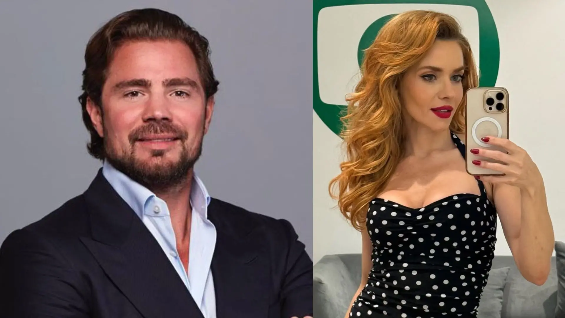 Comparativo lado a lado de dois perfis em foto: à esquerda Vorcaro com barba e cabelo castanho usando blazer azul-marinho e camisa clara; à direita, a atriz Monique Alfradique ruiva ondulada em vestido preto com poás brancos, fazendo selfie com celular na frente de um fundo verde e branco.