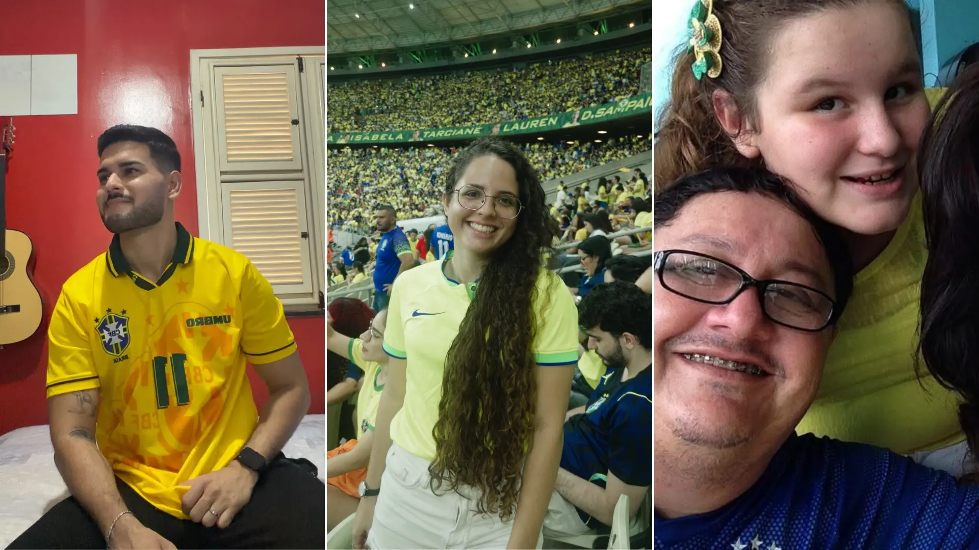 Colagem com três jovens cearenses torcedores do Brasil.